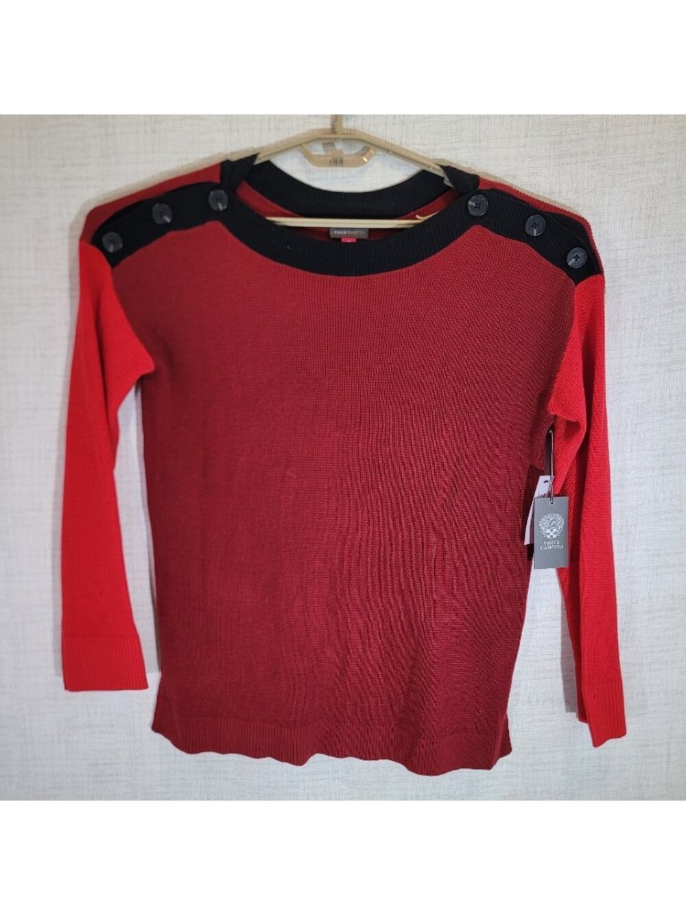 NWT Vince Camuto Sweater Womens M Red Button Shoulder Colorblock Nordstrom - Picture 1 of 11
